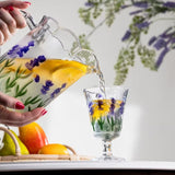 Conjunto com Jarra e 6 Taças Lavanda/Coqueiro em Cristal – Pintura Manual | Mesa Posta com Sofisticação