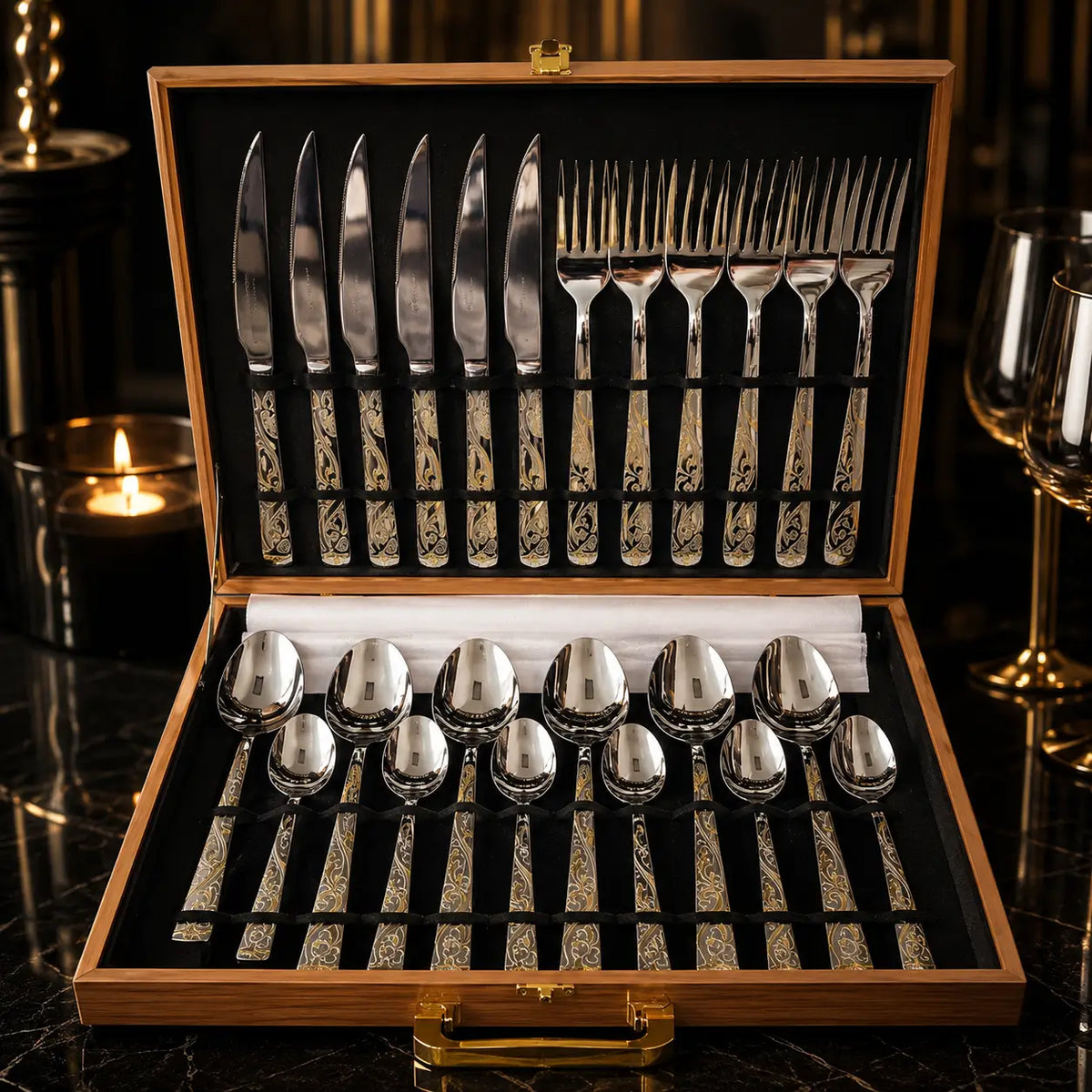 Faqueiro Aura Royale Silver™ | 24 Peças Com Maleta Luxo
