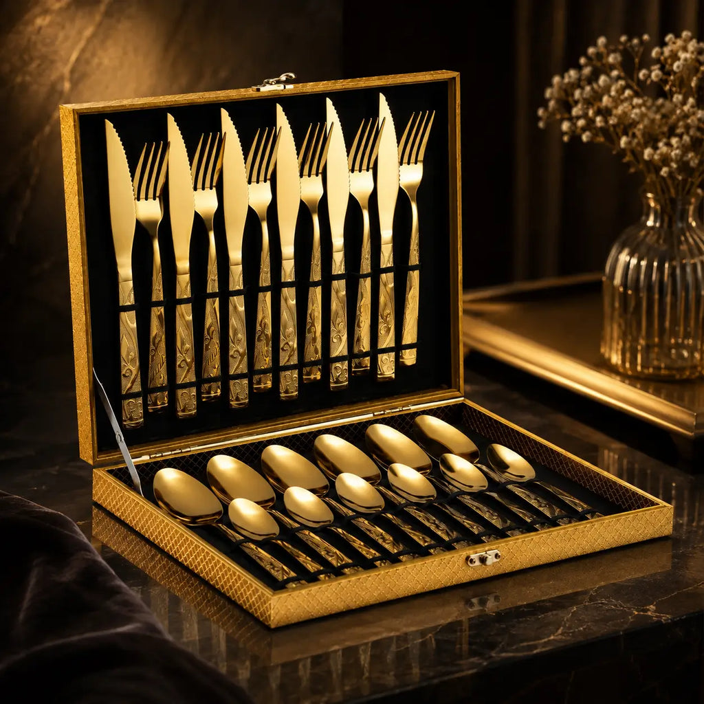 Faqueiro Aura Royale Gold™ | 24 Peças Com Maleta Luxo