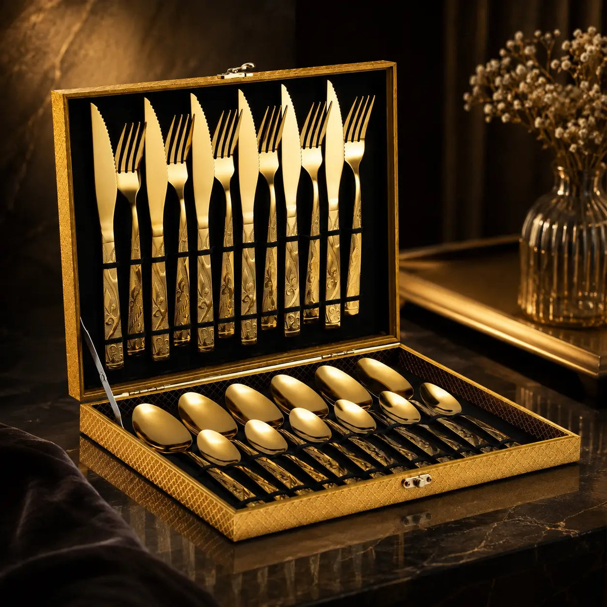 Faqueiro Aura Royale Gold™ | 24 Peças Com Maleta Luxo