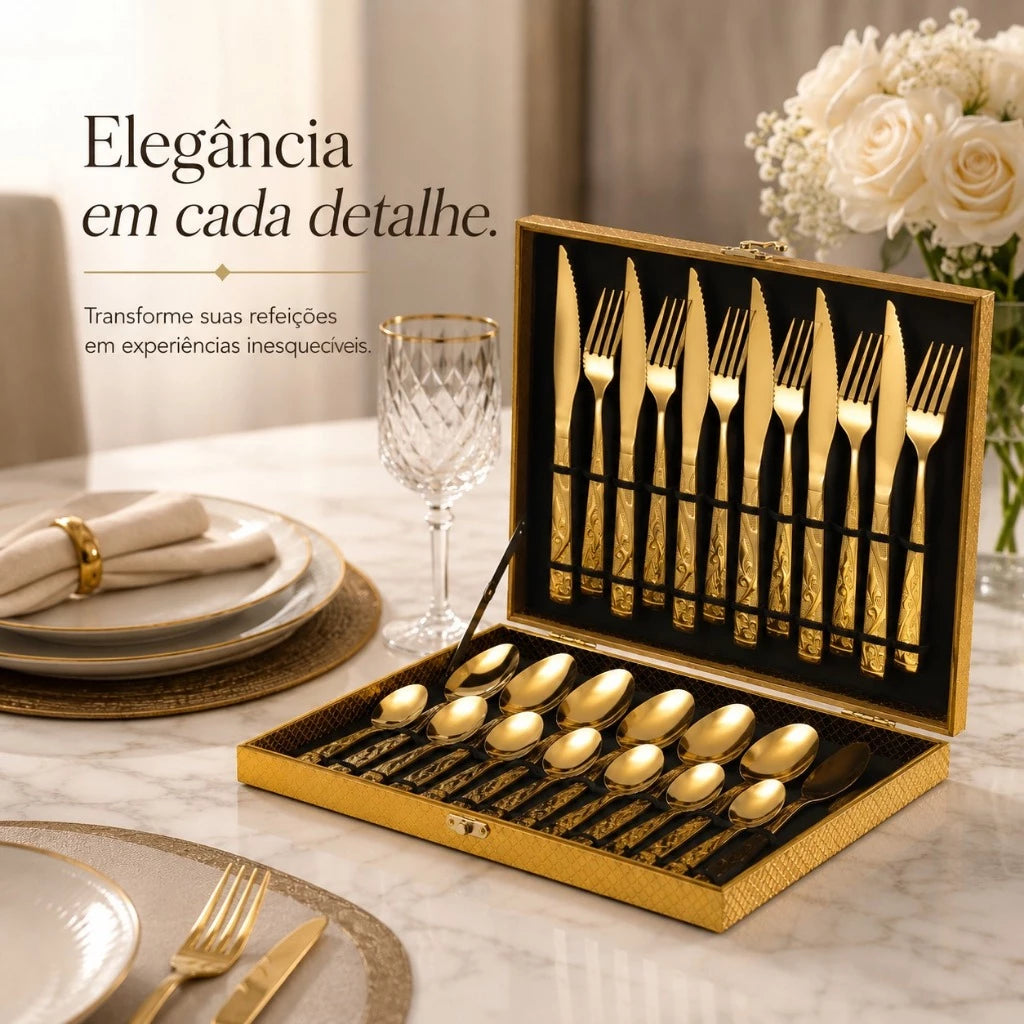 Faqueiro Aura Royale Gold™ | 24 Peças Com Maleta Luxo