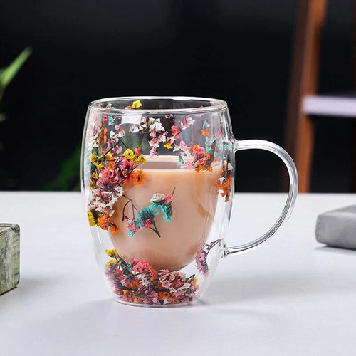 Caneca Flowers Artesanal em Vidro Duplo | Promoção: Compre 1 - Leve 2 🔥