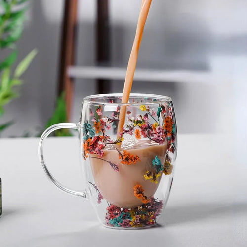 Caneca Flowers Artesanal em Vidro Duplo | Promoção: Compre 1 - Leve 2 🔥
