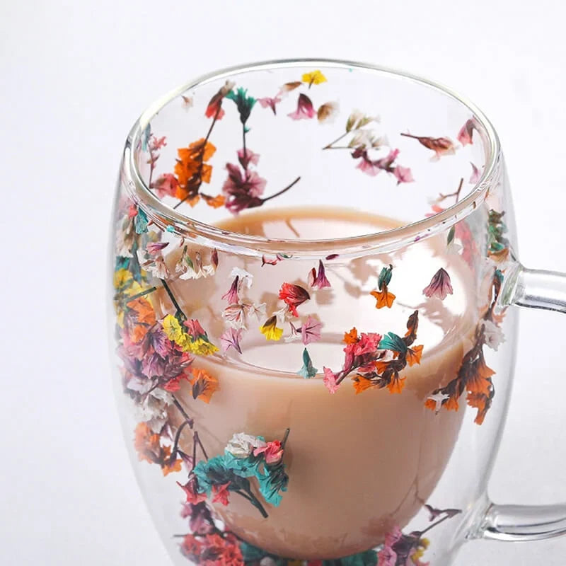 Caneca Flowers Artesanal em Vidro Duplo | Promoção: Compre 1 - Leve 2 🔥
