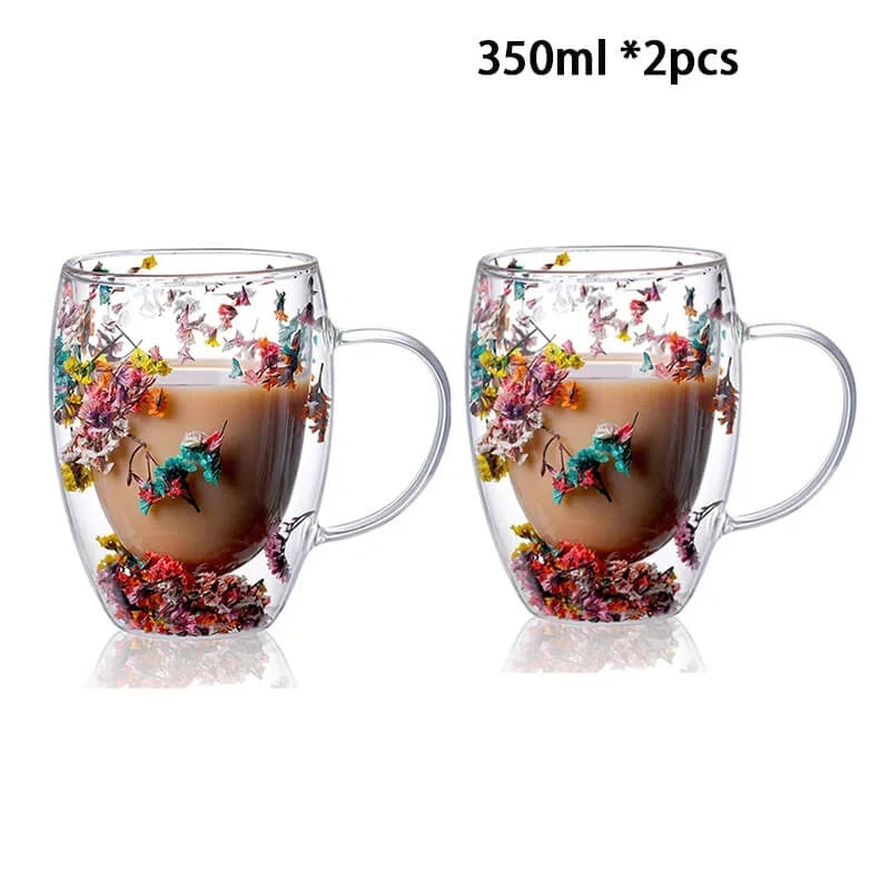 Caneca Flowers Artesanal em Vidro Duplo | Promoção: Compre 1 - Leve 2 🔥