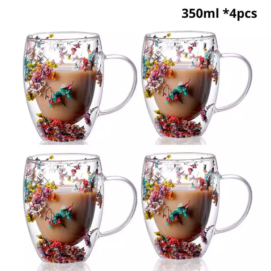 Caneca Flowers Artesanal em Vidro Duplo | Promoção: Compre 1 - Leve 2 🔥