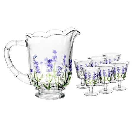 Conjunto com Jarra e 6 Taças  Lavanda/Coqueiro em Cristal – Pintura Manual | Mesa Posta com Sofisticação
